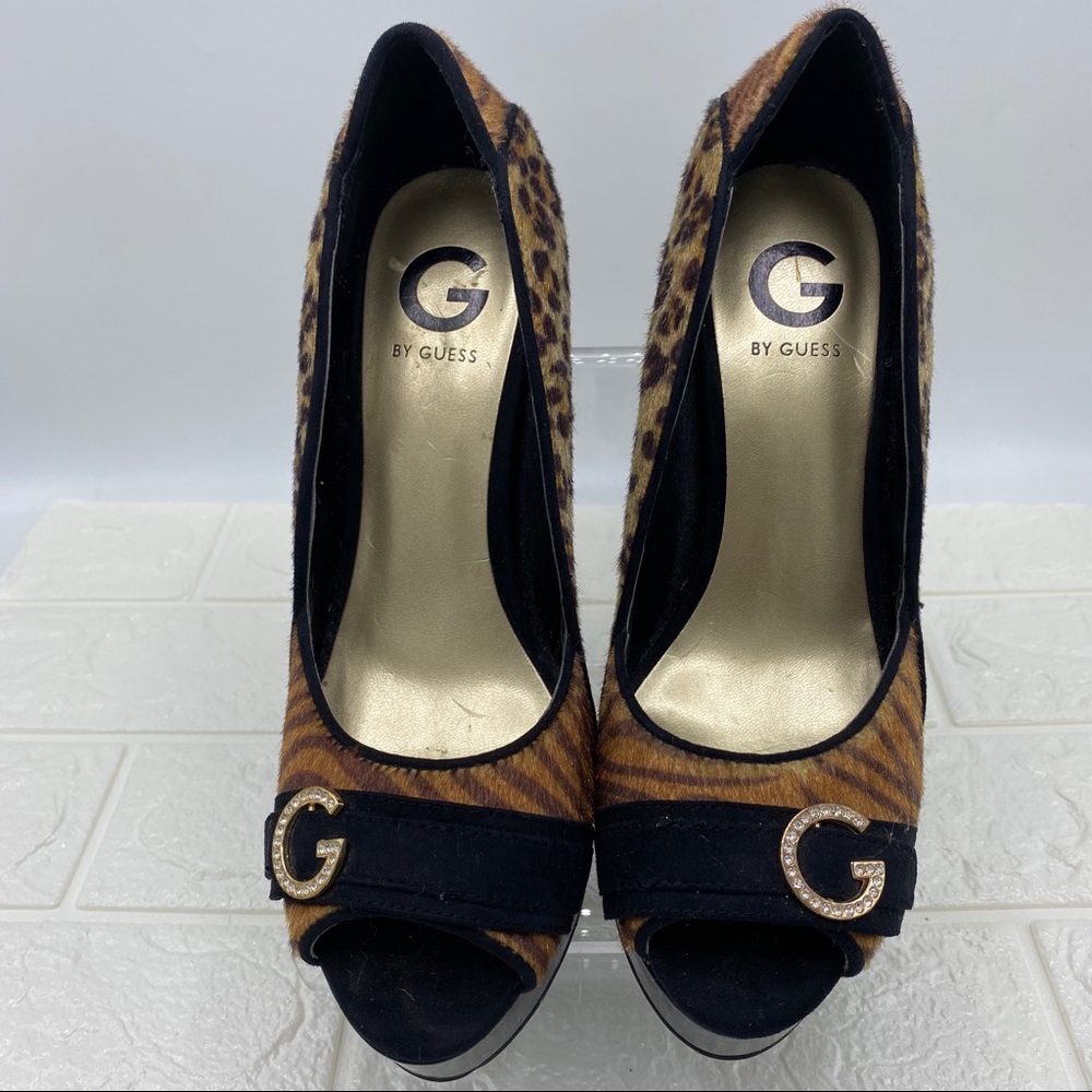 By Guess open toe animal print heels